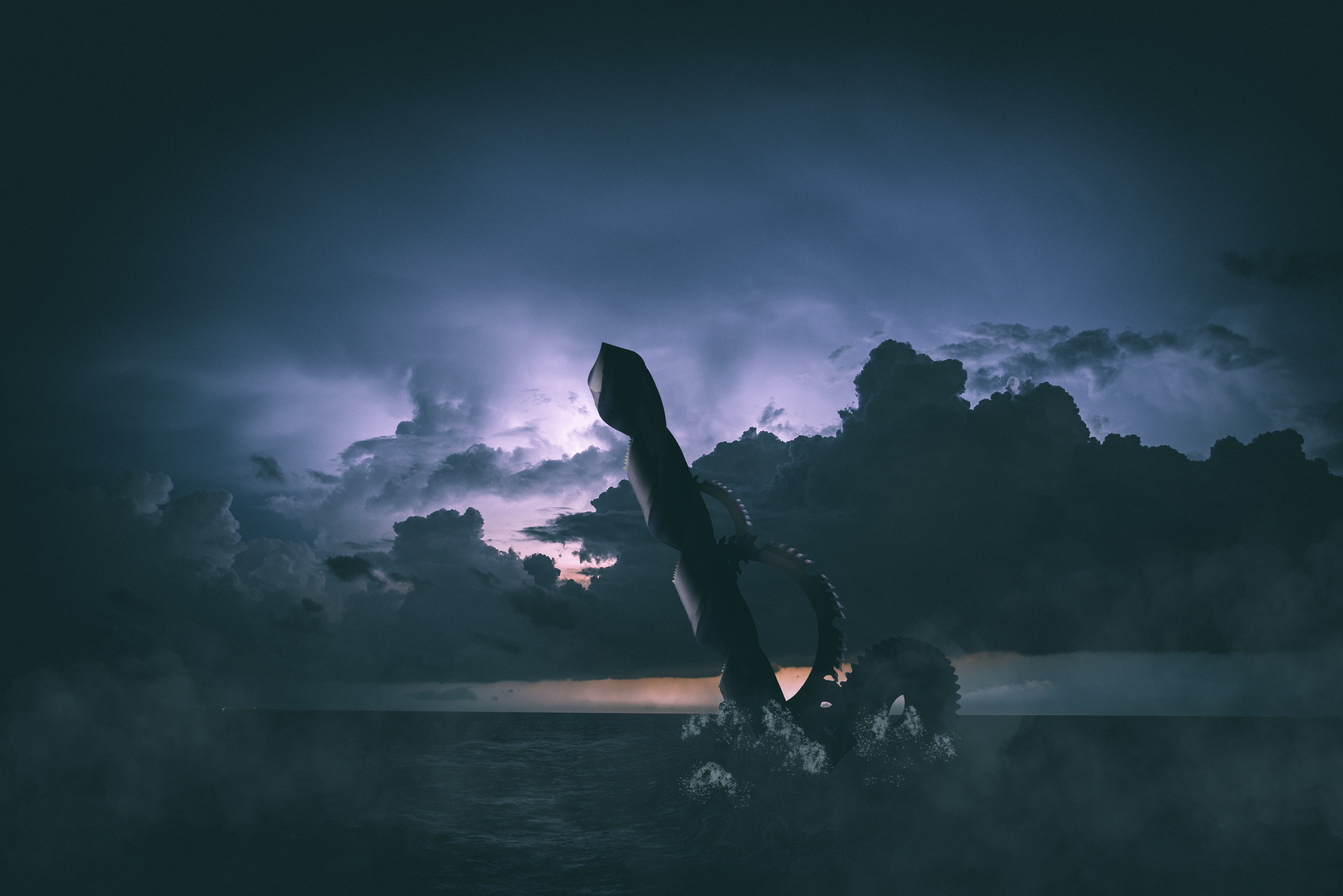 a massive drill-like machine emerges from the ocean, piercing the sky with jagged blades.